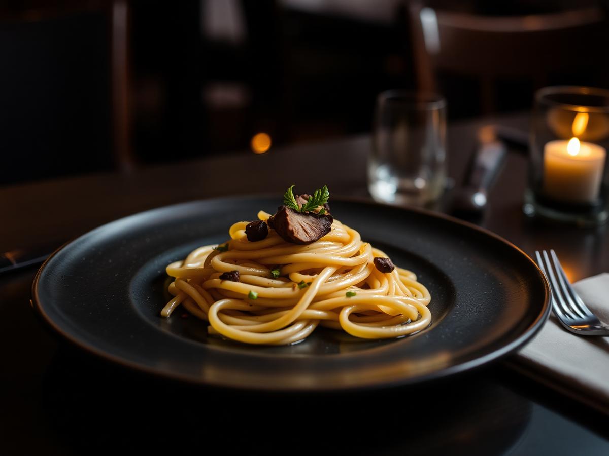 Trüffel-Tagliatelle auf dunklem Teller